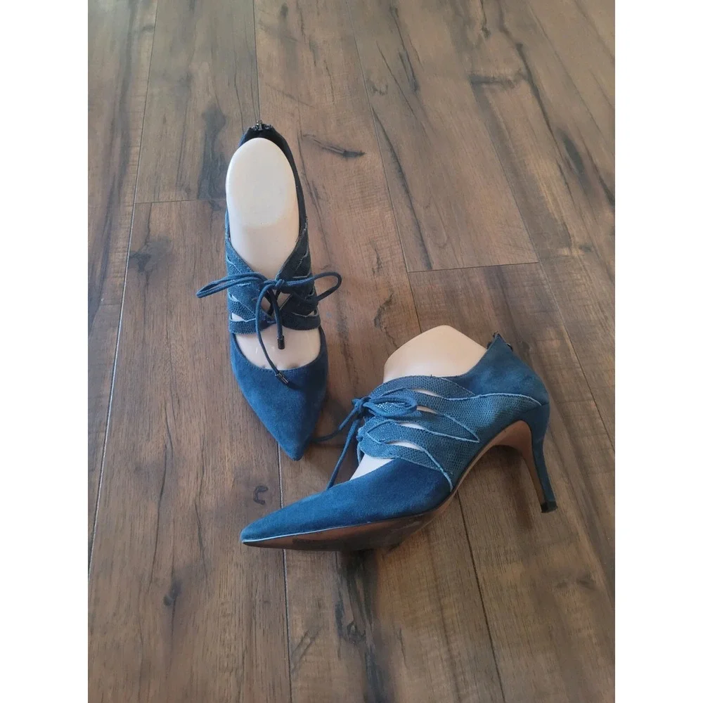 Isola Wedgewood‎ Blue Suede Leather Snake Print Lace-Up Victorian Heel